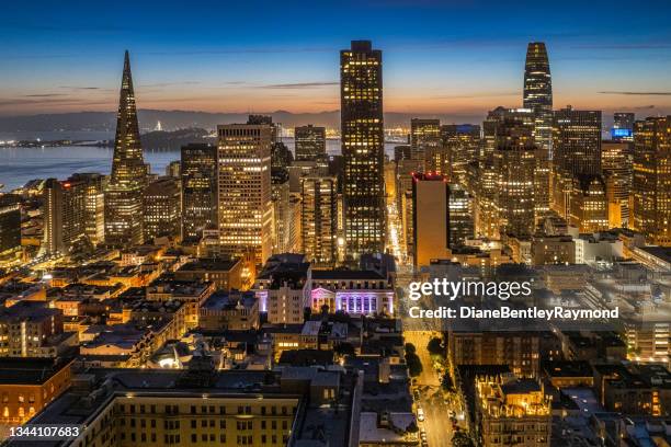 aerial night san francisco skyline - skyline san francisco stock pictures, royalty-free photos & images