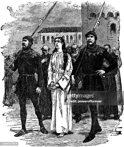 stockillustraties, clipart, cartoons en iconen met rebecca being taken to her witch trial in ivanhoe by walter scott - 19th century - heks