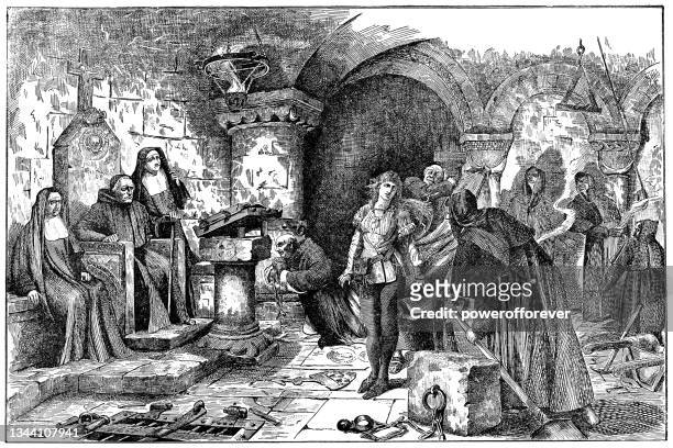 stockillustraties, clipart, cartoons en iconen met the trial of joan of arc in rouen, france - 15th century - rechtszaak