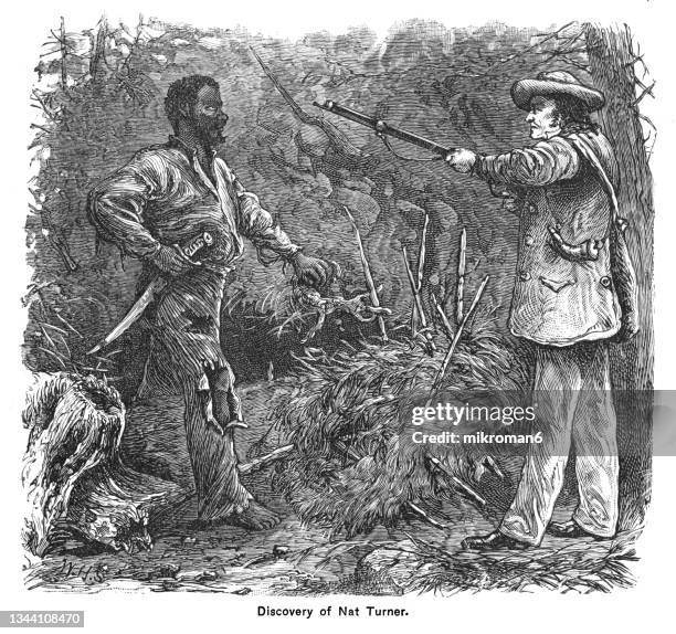 old engraved illustration of discovery of nat turner, enslaved african-american preacher who led the four-day rebellion of enslaved and free black people - sklaven stock-fotos und bilder
