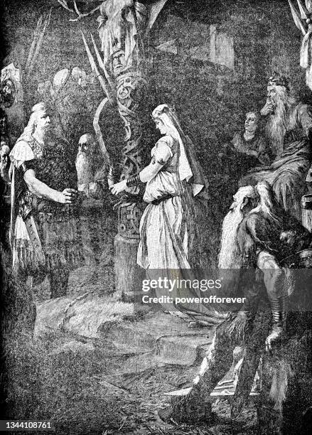 frithiof at the court of king ringerike, painting by ferdinand leeke - 19th century - icelandic woman stock illustrations