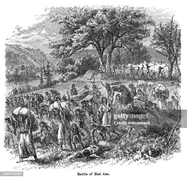 old engraving illustration of the battle of bad axe or bad axe massacre - battle between sauk (sac) and fox indians and united states army regulars and militia that occurred on august 1–2, 1832 - dakota stock pictures, royalty-free photos & images