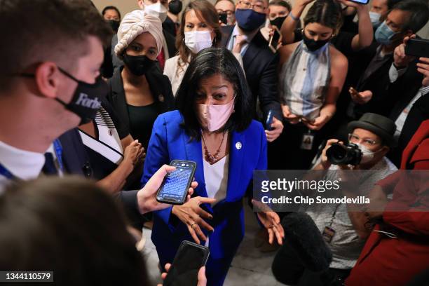 Congressional Progressive Caucus Chair Rep. Pramila Jayapal , Sen. Ilhan Omar and Rep. Veronica Escobar talk to reporters after meeting with Speaker...