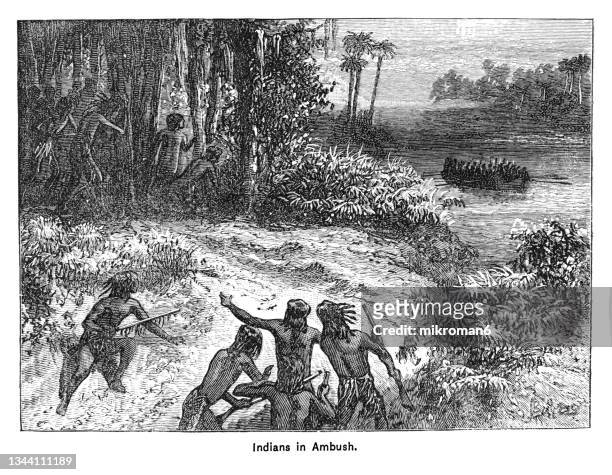 old engraved illustration of indians in ambush - ethnic conflict stock pictures, royalty-free photos & images
