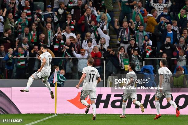 Mahir Emreli of Legia Warsaw celebrates after scoring their sides first goal during the UEFA Europa League group C match between Legia Warszawa and...