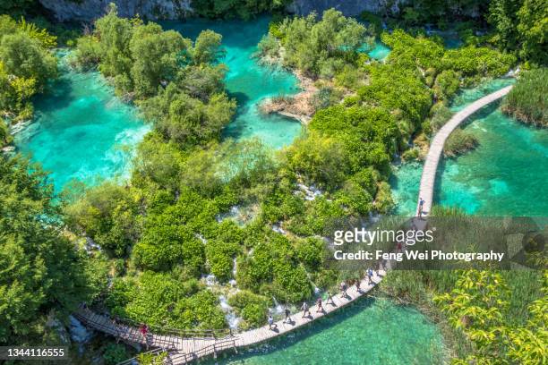 tourists walking on boardwalk between lower lakes, plitvice lakes national park, croatia - plitvice lakes national park stock pictures, royalty-free photos & images