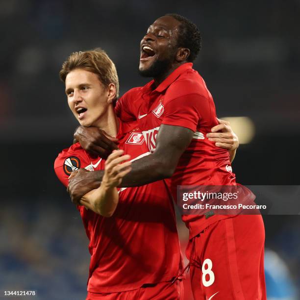 Victor Moses and Mikhail Ignatov of Spartak Moskva celebrate the 1-2 goal scored by Mikhail Ignatov during the UEFA Europa League group C match...