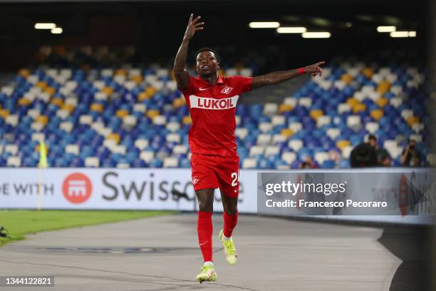 Quincy Promes of Spartak Moskva celebrates after scoring the 1-3 goal during the UEFA Europa League group C match between SSC Napoli and Spartak...