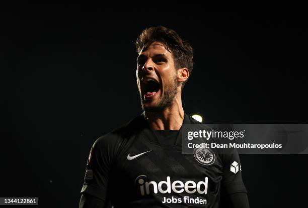 Goncalo Paciencia of Eintracht Frankfurt celebrates after scoring their sides first goal during the UEFA Europa League group D match between Royal...