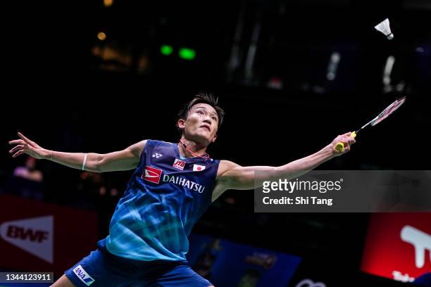 Kento Momota of Japan competes in the Men's Single match against Lee Zii Jia of Malaysia during day five of the Sudirman Cup on September 30, 2021 in...