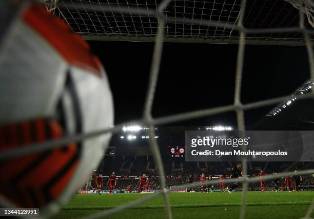 Goncalo Paciencia of Eintracht Frankfurt celebrates after scoring their side's first goal from the penalty spot during the UEFA Europa League group D...