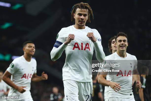 Dele Alli of Tottenham Hotspur celebrates after scoring their side's first goal during the UEFA Europa Conference League group G match between...