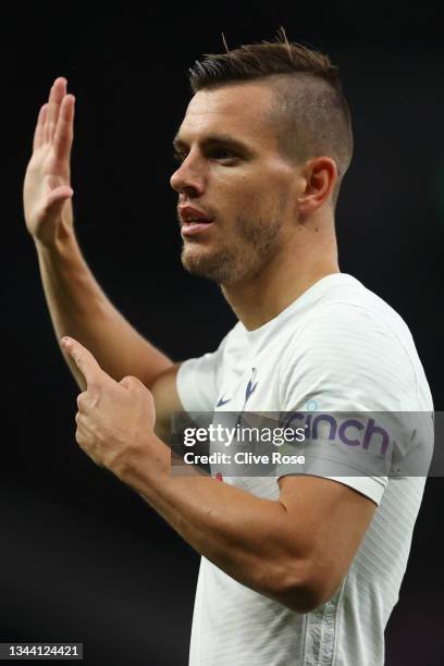 Giovani Lo Celso of Tottenham Hotspur celebrates after scoring their sides second goal during the UEFA Europa Conference League group G match between...