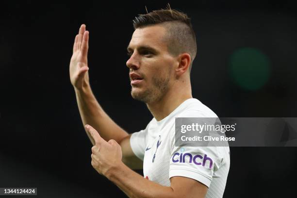 Giovani Lo Celso of Tottenham Hotspur celebrates after scoring their sides second goal during the UEFA Europa Conference League group G match between...