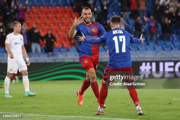 Arthur Cabral of FC Basel celebrates with team mate Liam Millar after scoring their sides first goal during the UEFA Europa Conference League group H...