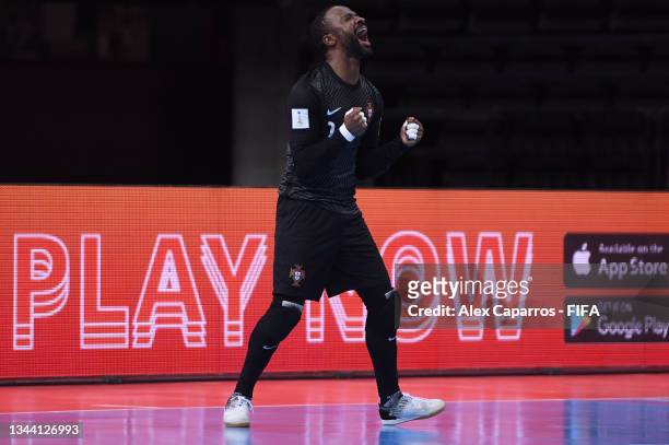 Bebe of Portugal celebrates in the penalty shootout during the FIFA Futsal World Cup 2021 Semi-Final match between Portugal and Kazakhstan at Kaunas...