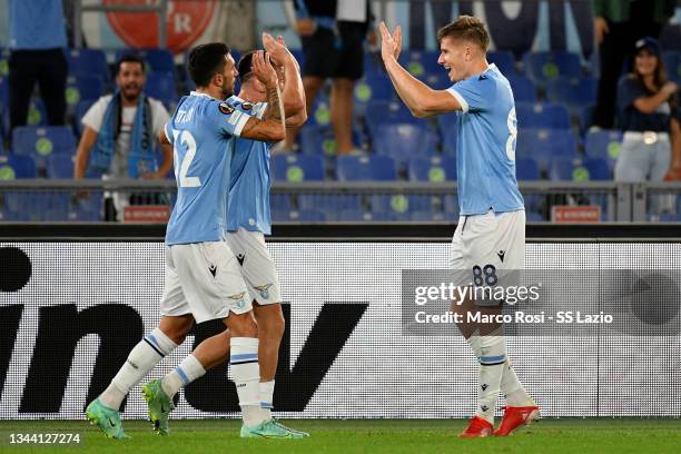 Toma Basic of SS Lazio celebrates a opening goal with his teammates during the UEFA Europa League group E match between SS Lazio and Lokomotiv Moskva...