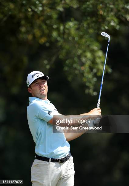 Sam Burns plays his shot from the seventh tee during round one of the Sanderson Farms Championship at Country Club of Jackson on September 30, 2021...