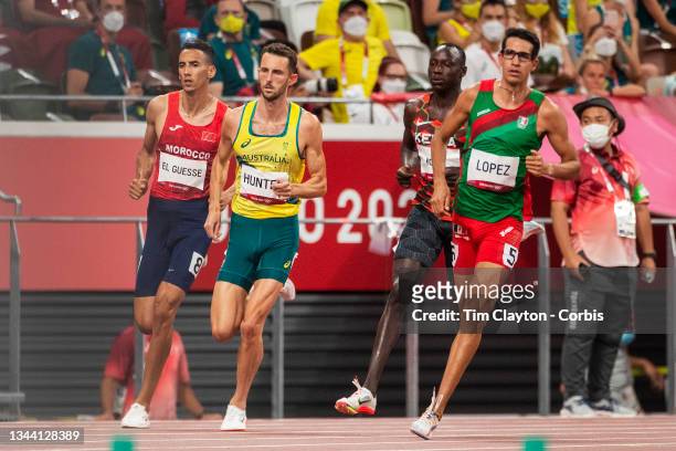 August 1: Abdelati El Guesse of Morocco Charlie Hunter of Australia and Jesus Tonatiu Lopez of Mexico in action in the Men's 800m Semi-Finals at the...