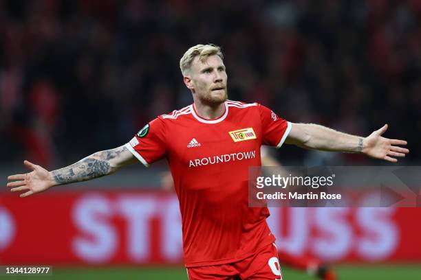 Andreas Voglsammer of 1.FC Union Berlin celebrates after scoring their sides first goal during the UEFA Europa Conference League group E match...