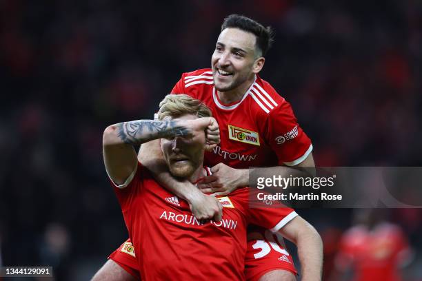 Andreas Voglsammer of 1.FC Union Berlin celebrates with team mate Robert Andrich after scoring their sides first goal during the UEFA Europa...