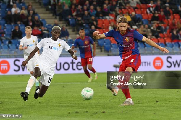 Michael Lang of FC Basel scores their side's third goal during the UEFA Europa Conference League group H match between FC Basel and FK Kairat at St...