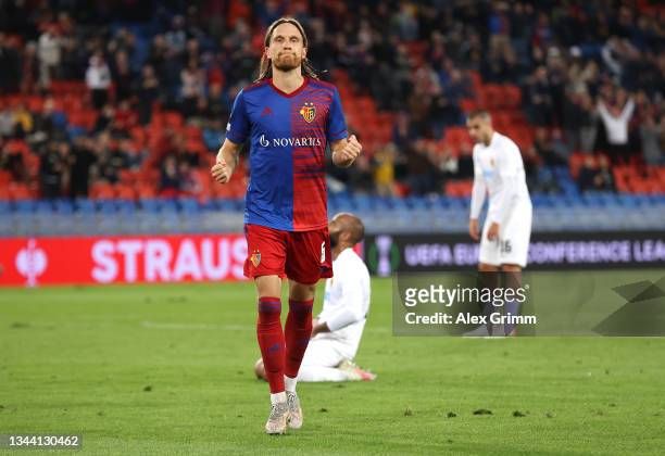 Michael Lang of FC Basel celebrates after scoring their sides third goal during the UEFA Europa Conference League group H match between FC Basel and...