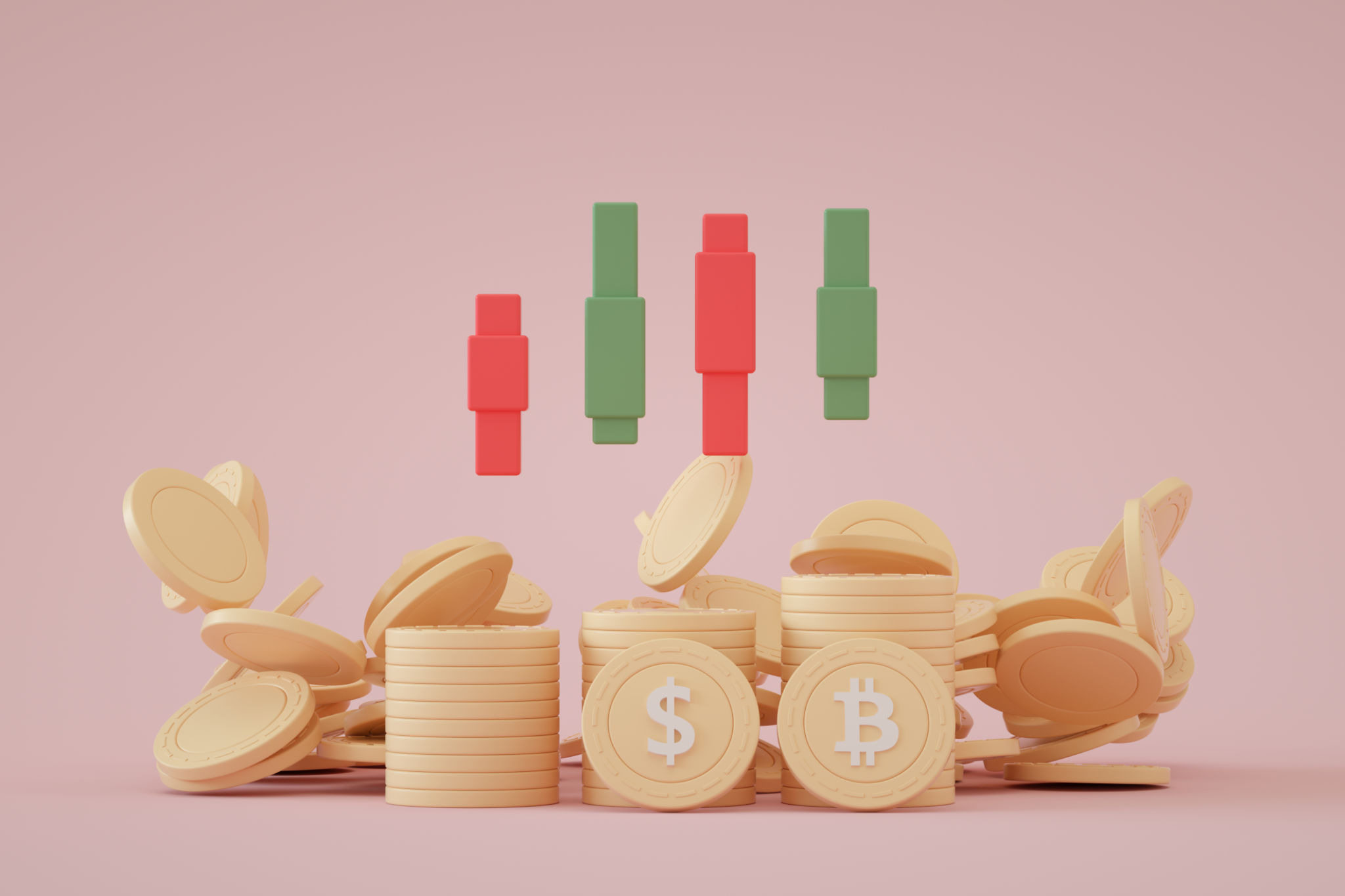Stacks of Bitcoin and Dollar with Trend Graph Stacks of Bitcoin and Dollar with Trend Graph