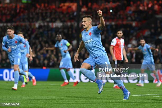 Tomas Holes of Slavia Prague celebrates after scoring their sides first goal during the UEFA Europa Conference League group E match between Feyenoord...