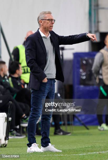 Peter Stoger, Head Coach of Ferencvarosi reacts during the UEFA Europa League group G match between Ferencvarosi TC and Real Betis at Groupama Arena...