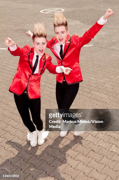 John Grimes and Edward Grimes of 'Jedward' pose backstage during the ZDF Fernsehgarten tv show on June 5, 2011 in Mainz, Germany.