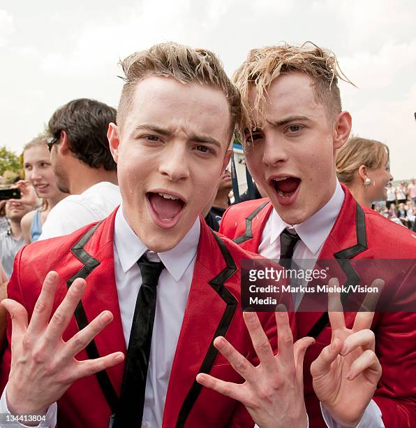 John Grimes and Edward Grimes of 'Jedward' pose backstage during the ZDF Fernsehgarten tv show on June 5, 2011 in Mainz, Germany.