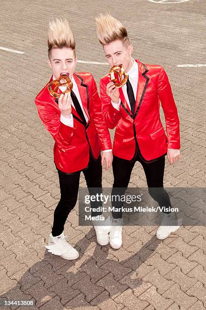 John Grimes and Edward Grimes of 'Jedward' pose backstage during the ZDF Fernsehgarten tv show on June 5, 2011 in Mainz, Germany.