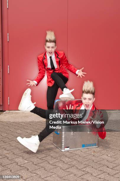 John Grimes and Edward Grimes of 'Jedward' pose backstage during the ZDF Fernsehgarten tv show on June 5, 2011 in Mainz, Germany.