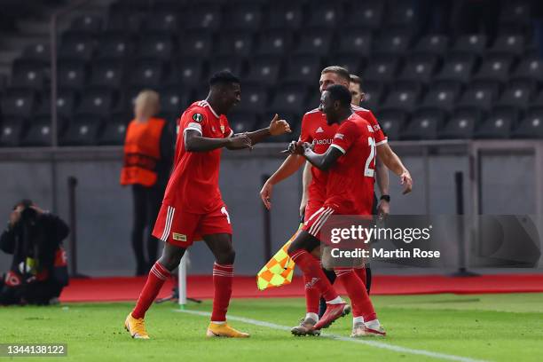 Taiwo Awoniyi of 1.FC Union Berlin celebrates with team mate Sheraldo Becker after scoring their sides third goal during the UEFA Europa Conference...