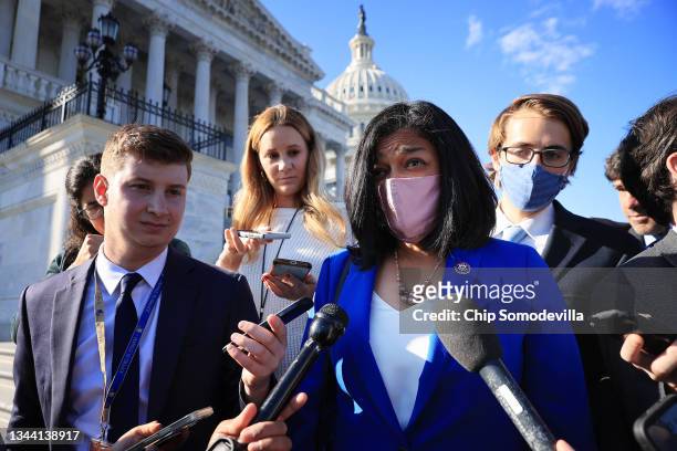 Congressional Progressive Caucus Chair Rep. Pramila Jayapal talks to reporters following a vote to keep the federal government open until early...