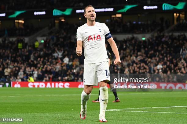 Harry Kane of Tottenham Hotspur celebrates after scoring their sides fifth goal during the UEFA Europa Conference League group G match between...