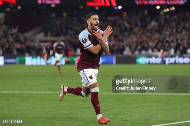 Said Benrahma of West Ham United celebrates after scoring their sides second goal during the UEFA Europa League group H match between West Ham United...