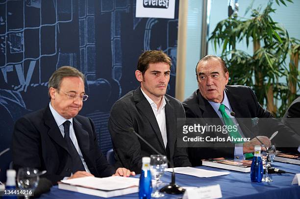 Real Madrid President Florentino Fernandez, Real Madrid goalkeeper Iker Casillas and Fernando Fernandez Tapias attend the presentation of the new...
