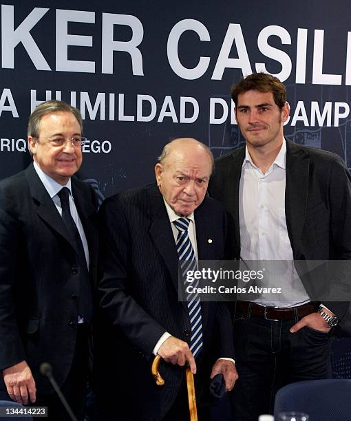 Real Madrid President Florentino Fernandez, Honorary President of Real Madrid Alfredo Di Stefano and Real Madrid goalkeeper Iker Casillas attend the...