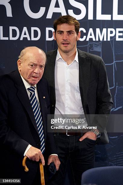 Honorary President of Real Madrid Alfredo Di Stefano and Real Madrid goalkeeper Iker Casillas attend the presentation of the new book "Iker Casillas....