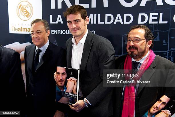 Real Madrid President Florentino Fernandez, Real Madrid goalkeeper Iker Casillas and writer Enrique Ortego attend the presentation of the new book...