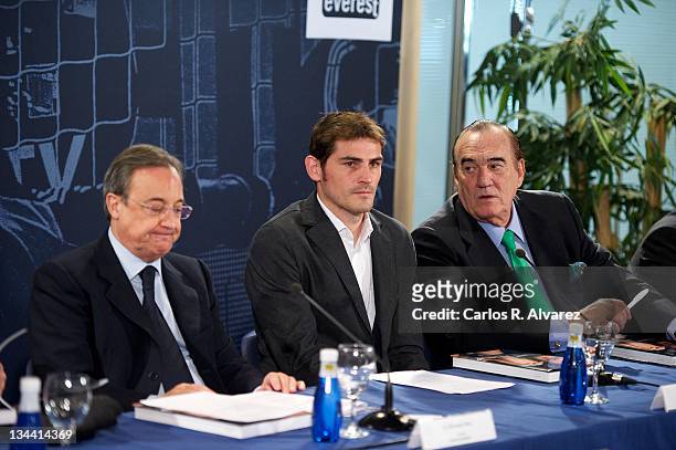 Real Madrid President Florentino Fernandez, Real Madrid goalkeeper Iker Casillas and Fernando Fernandez Tapias attend the presentation of the new...