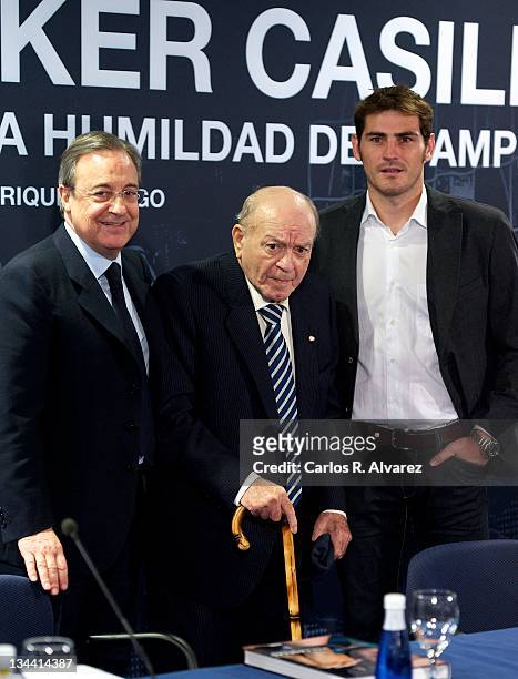 Real Madrid President Florentino Fernandez, Honorary President of Real Madrid Alfredo Di Stefano and Real Madrid goalkeeper Iker Casillas attend the...