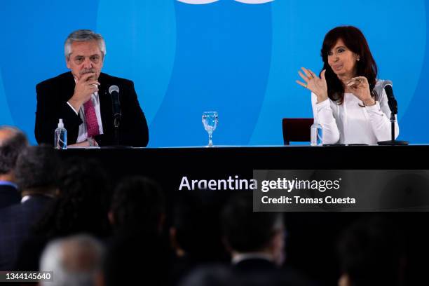 Vice President Cristina Fernandez gestures next to President of Argentina Alberto Fernandez during a press conference at Museo del Bicentenario on...