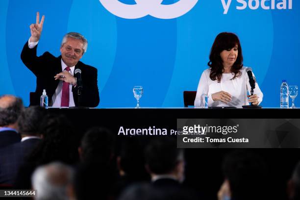 President of Argentina Alberto Fernandez waves next to Vice President Cristina Fernandez during a press conference at Museo del Bicentenario on...
