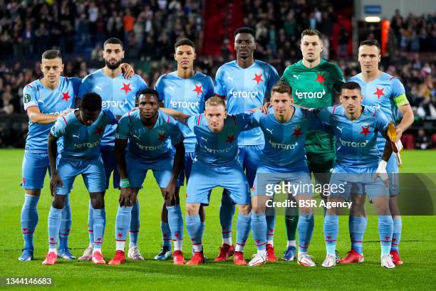 Players of Slavia Prague pose for a teamphoto during the UEFA Conference League Group Stage match between Feyenoord and Slavia Prague at Stadion...