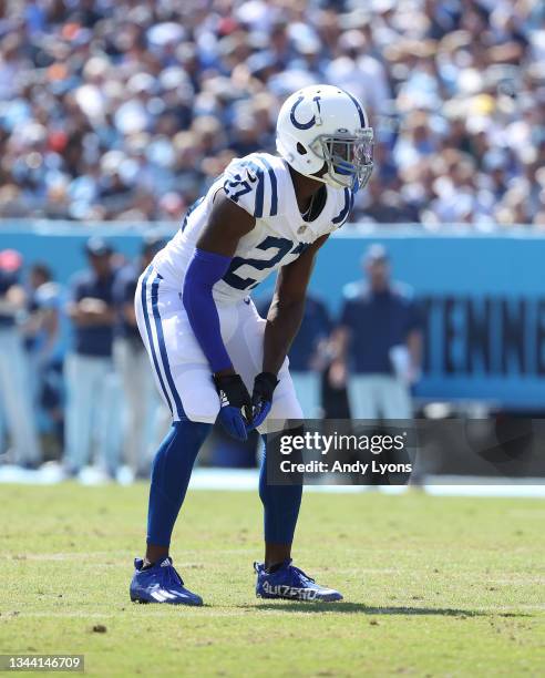 Xavier Rhodes of the Indianapolis Colts against the Tennessee Titans at Nissan Stadium on September 26, 2021 in Nashville, Tennessee.