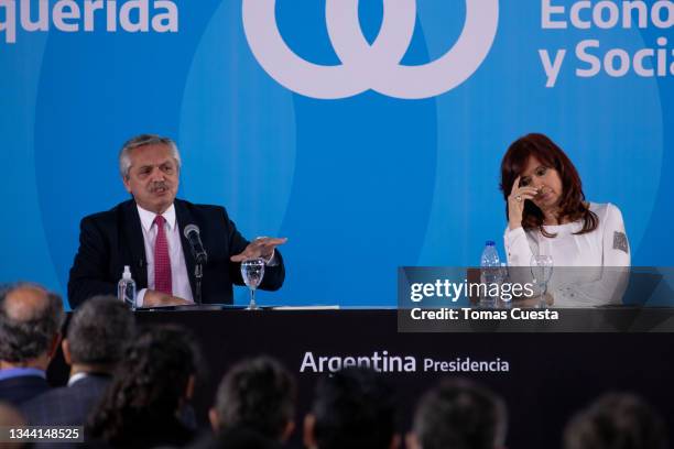 President of Argentina Alberto Fernandez speaks next to Vice President Cristina Fernandez during a press conference at Museo del Bicentenario on...