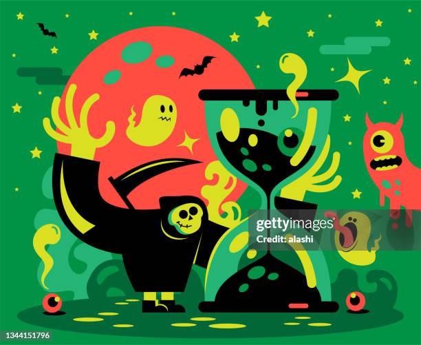 spooky death wearing a dark hooded cloak holding a scythe and hourglass, the vampire and ghost flying in the dark sky - curiosity stock illustrations